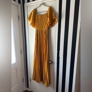 Mustard Yellow Pleated Chiffon Off Shoulder Maxi Dress Formal Boho
